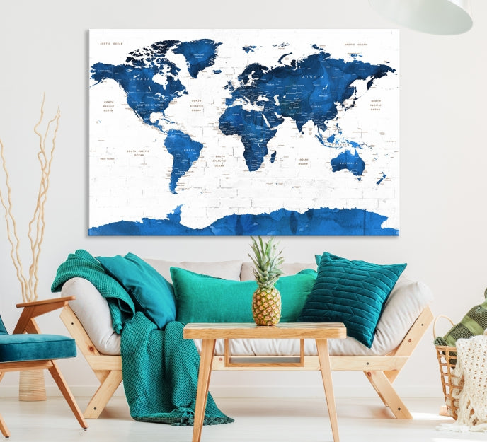 Blue Extra Large Framed Push Pin World Map Wall Art Canvas Print