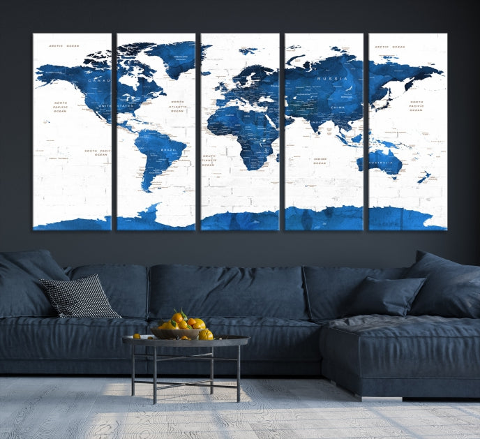 Blue Extra Large Framed Push Pin World Map Wall Art Canvas Print