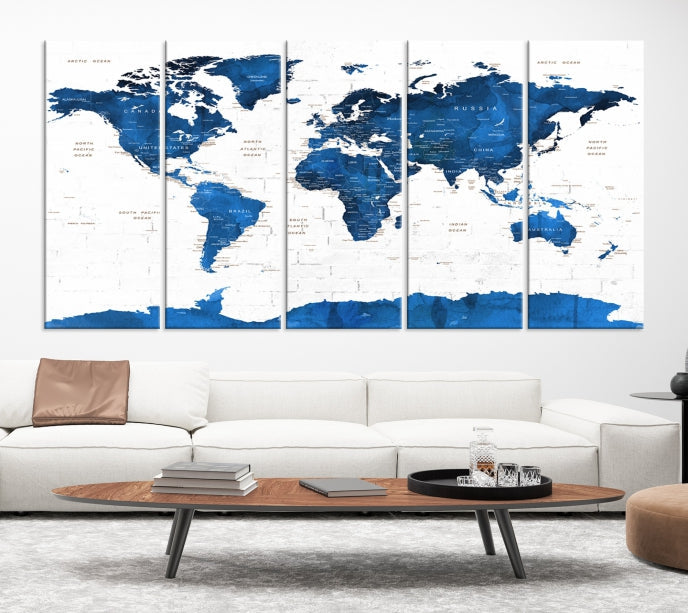 Blue Extra Large Framed Push Pin World Map Wall Art Canvas Print