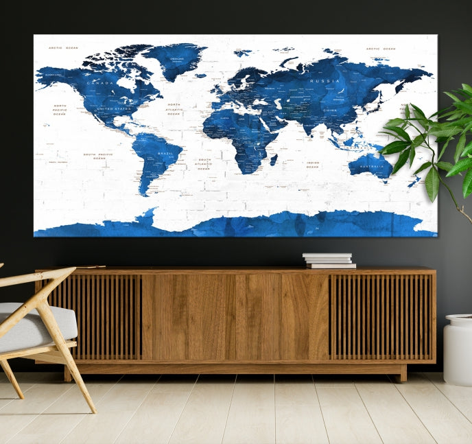 Blue Extra Large Framed Push Pin World Map Wall Art Canvas Print