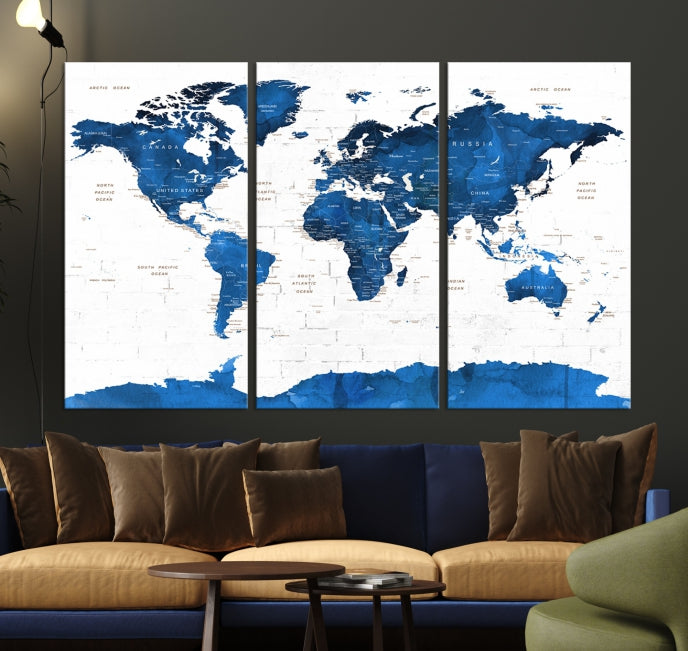 Blue Extra Large Framed Push Pin World Map Wall Art Canvas Print