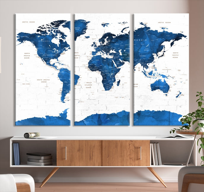 Blue Extra Large Framed Push Pin World Map Wall Art Canvas Print