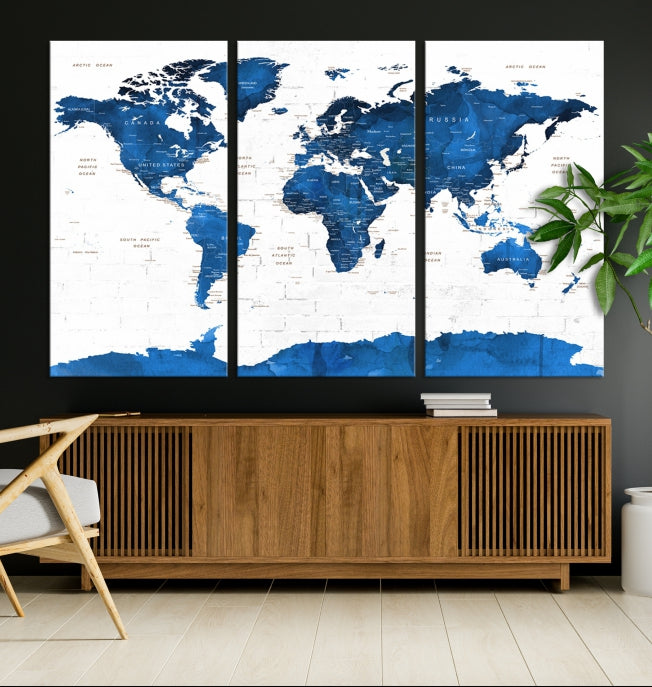 Blue Extra Large Framed Push Pin World Map Wall Art Canvas Print