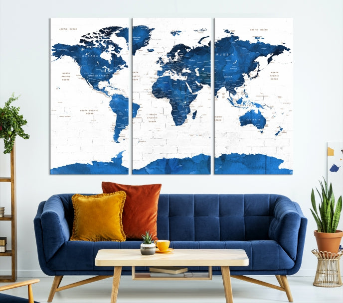 Blue Extra Large Framed Push Pin World Map Wall Art Canvas Print