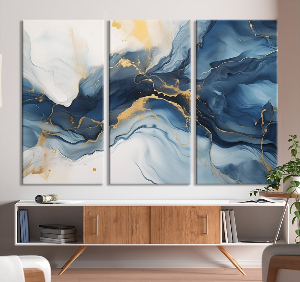 Blue Gold Colors Abstract Wall Art Canvas Print Framed Set of Panel