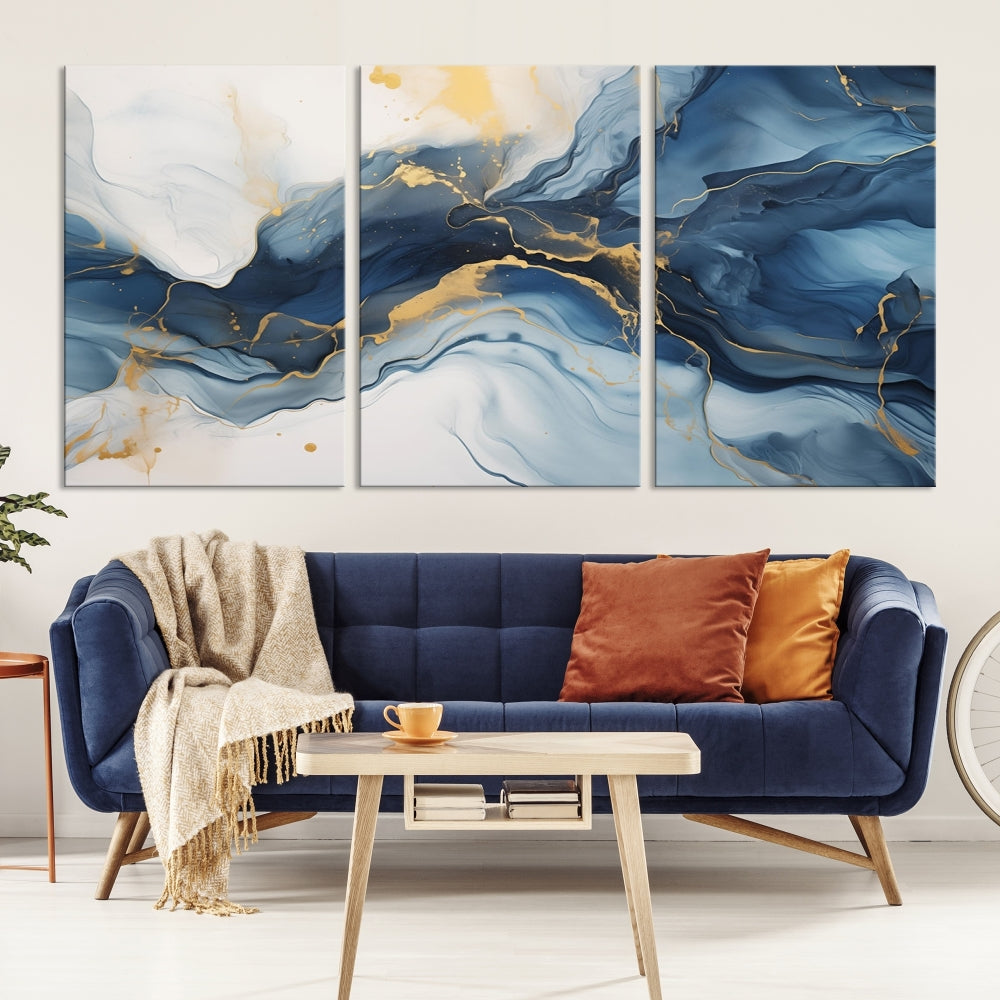 Blue Gold Colors Abstract Wall Art Canvas Print Framed Set of Panel