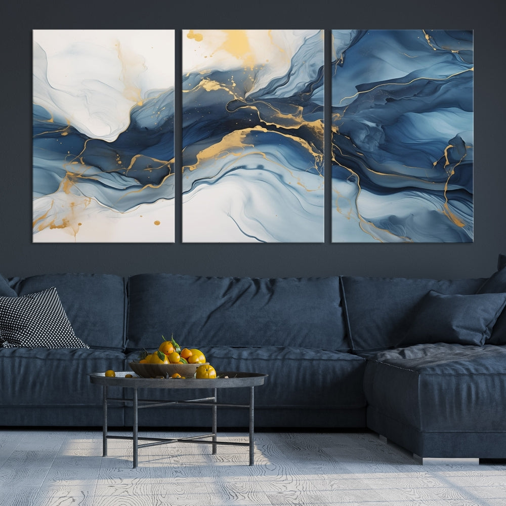 Blue Gold Colors Abstract Wall Art Canvas Print Framed Set of Panel