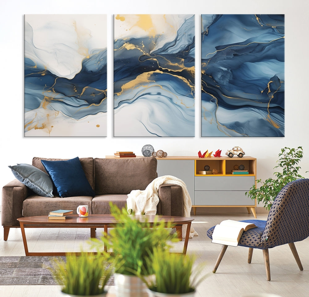 Blue Gold Colors Abstract Wall Art Canvas Print Framed Set of Panel