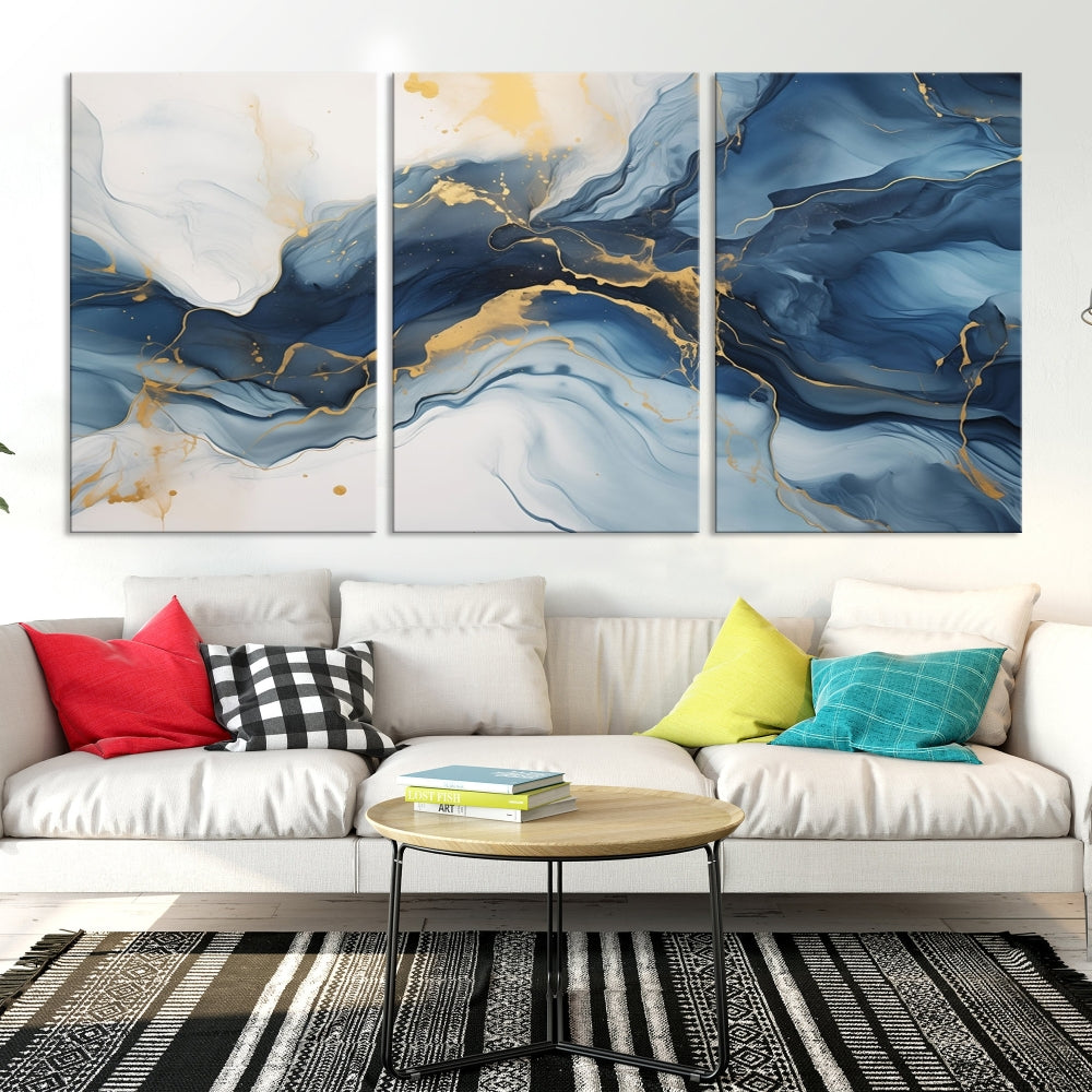 Blue Gold Colors Abstract Wall Art Canvas Print Framed Set of Panel