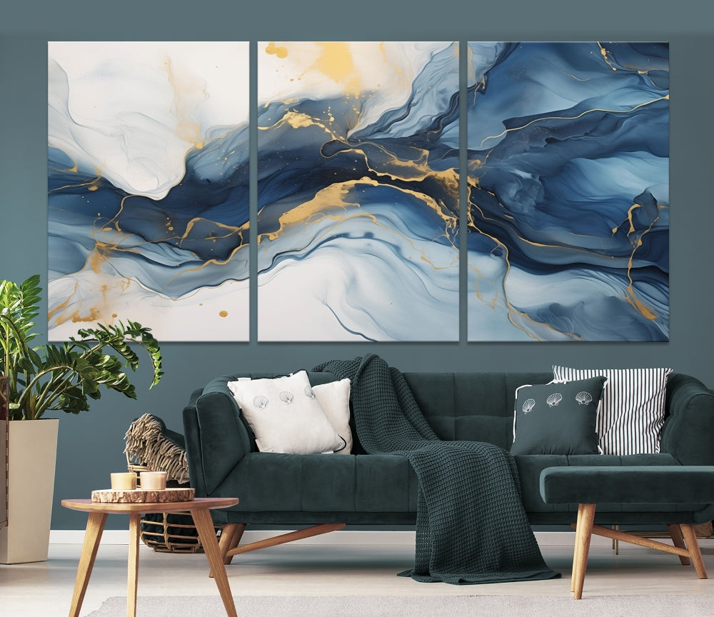 Blue Gold Colors Abstract Wall Art Canvas Print Framed Set of Panel