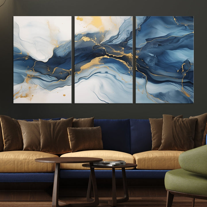 Blue Gold Colors Abstract Wall Art Canvas Print Framed Set of Panel