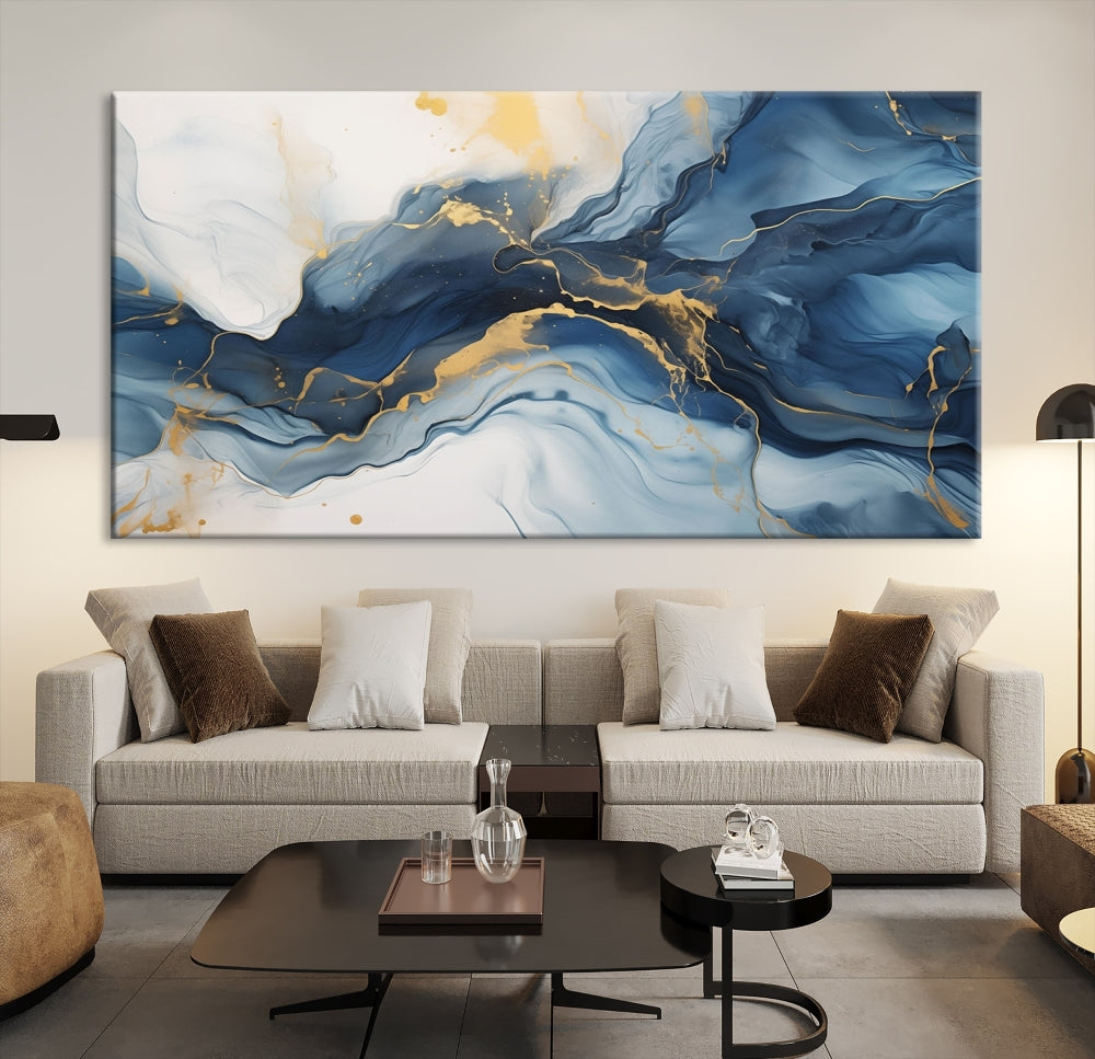 Blue Gold Colors Abstract Wall Art Canvas Print Framed Set of Panel