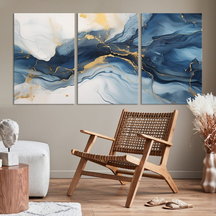 Blue Gold Colors Abstract Wall Art Canvas Print Framed Set of Panel