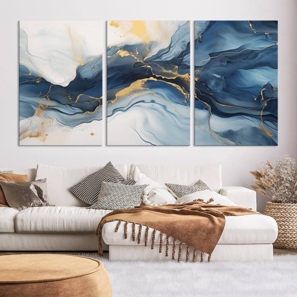 Blue Gold Colors Abstract Wall Art Canvas Print Framed Set of Panel