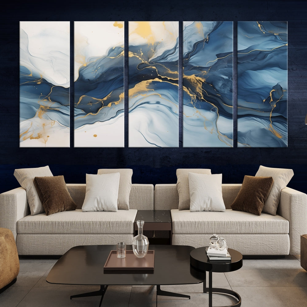 Blue Gold Colors Abstract Wall Art Canvas Print Framed Set of Panel