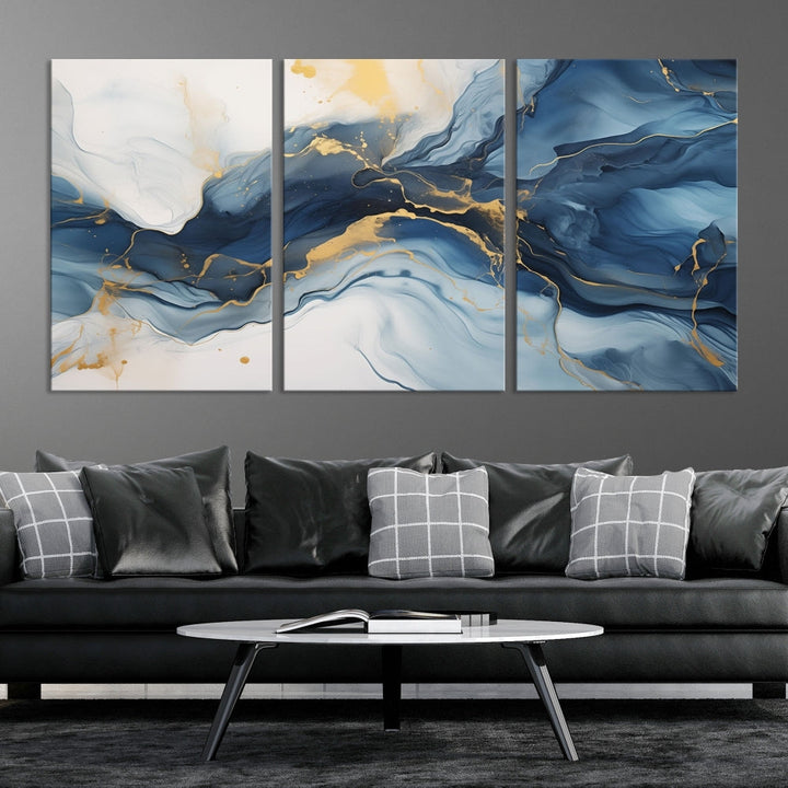 Blue Gold Colors Abstract Wall Art Canvas Print Framed Set of Panel