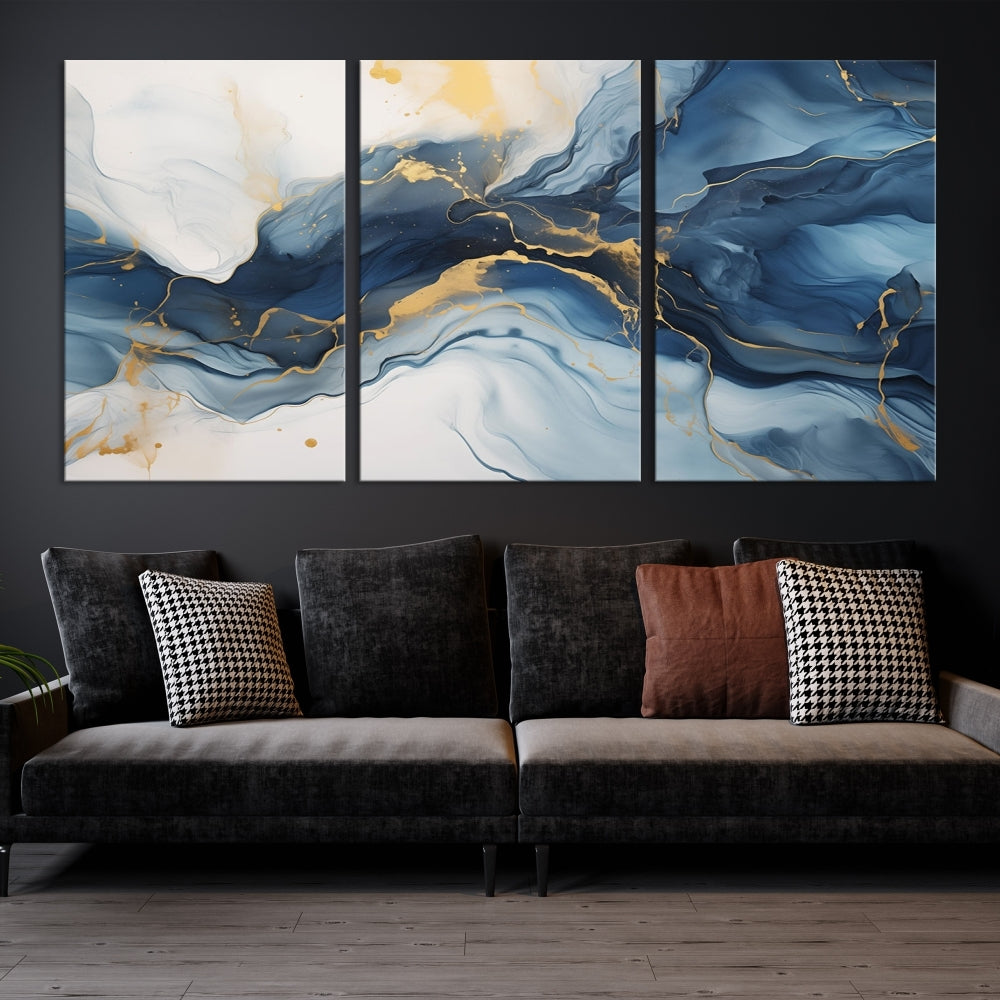 Blue Gold Colors Abstract Wall Art Canvas Print Framed Set of Panel