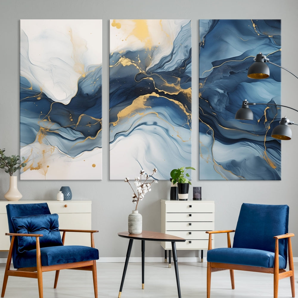 Blue Gold Colors Abstract Wall Art Canvas Print Framed Set of Panel