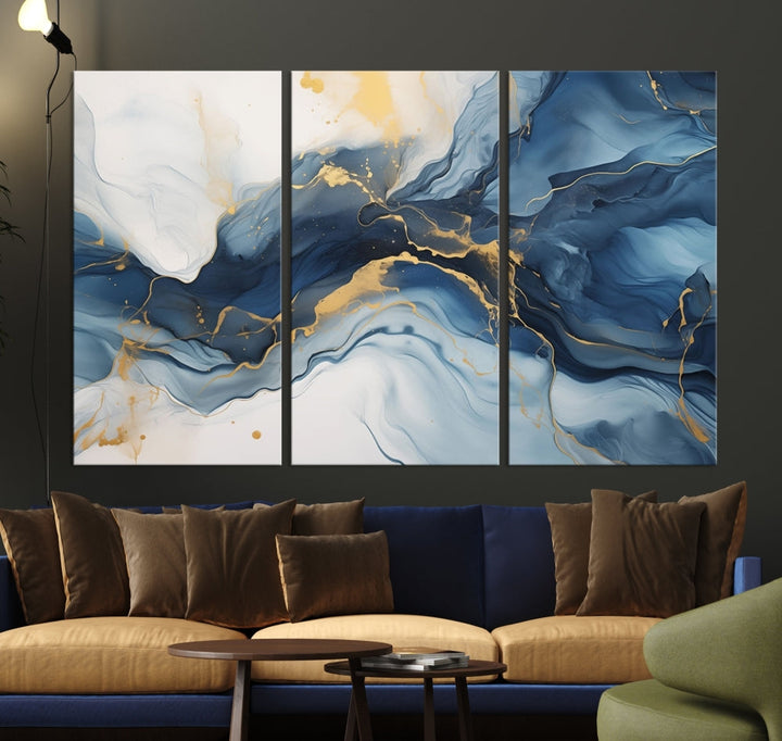 Blue Gold Colors Abstract Wall Art Canvas Print Framed Set of Panel