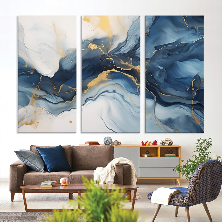 Blue Gold Colors Abstract Wall Art Canvas Print Framed Set of Panel