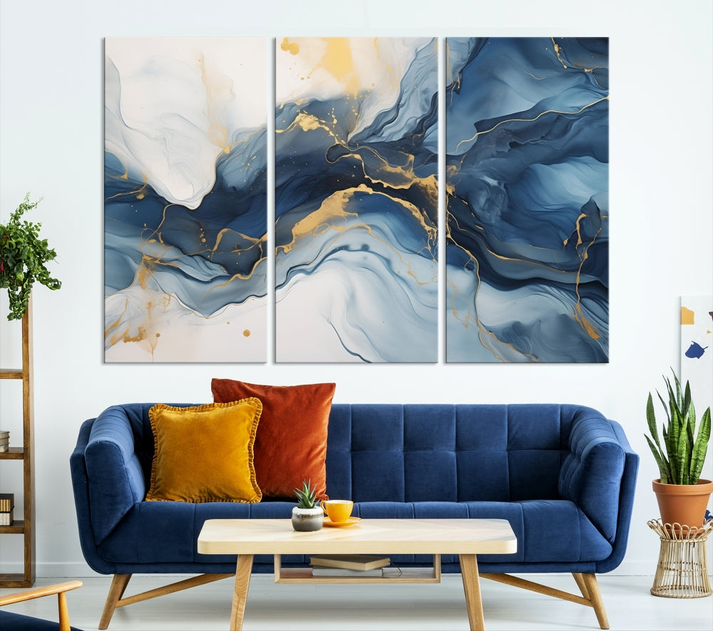 Blue Gold Colors Abstract Wall Art Canvas Print Framed Set of Panel