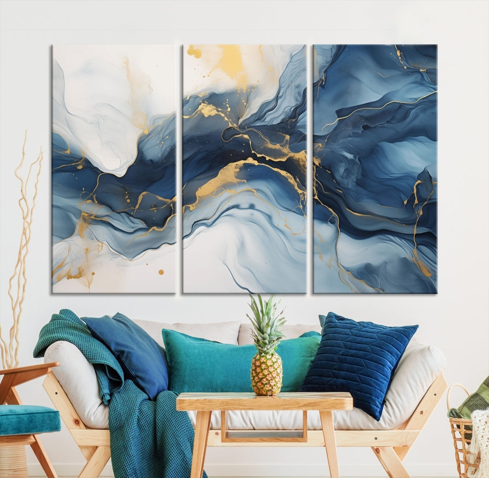 Blue Gold Colors Abstract Wall Art Canvas Print Framed Set of Panel