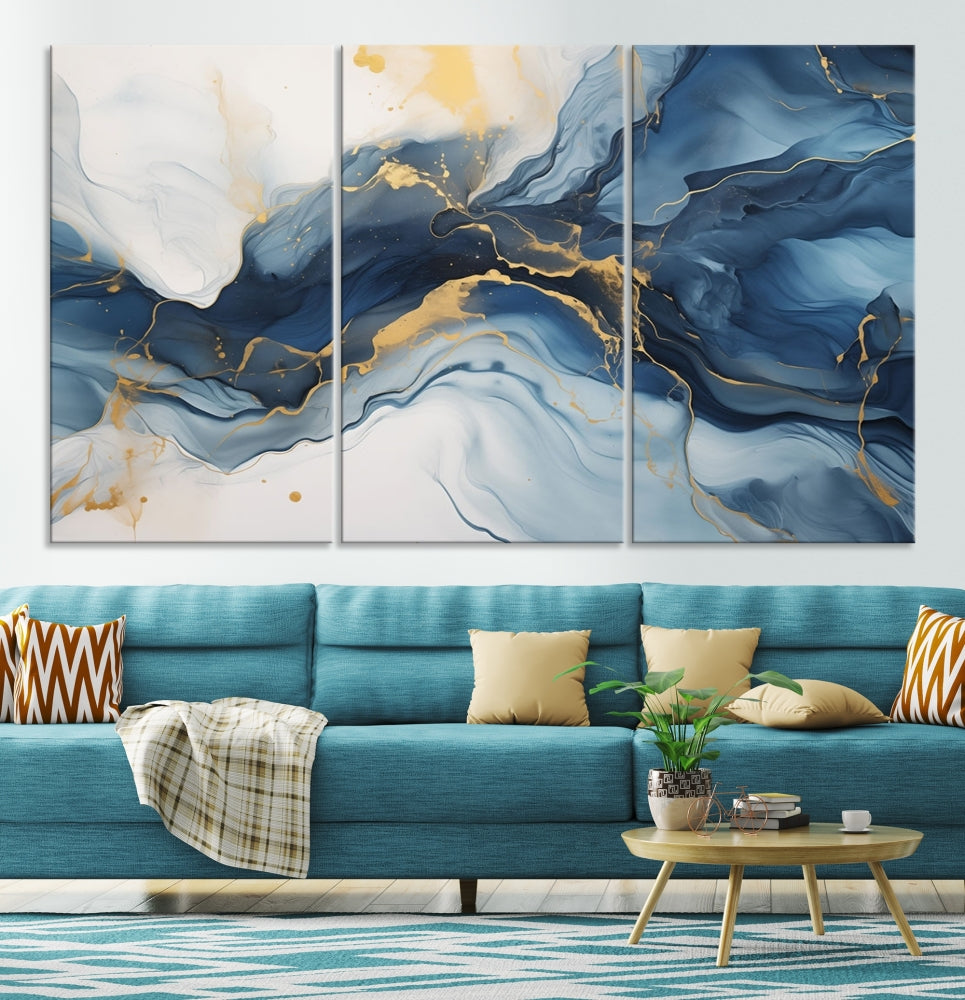 Blue Gold Colors Abstract Wall Art Canvas Print Framed Set of Panel