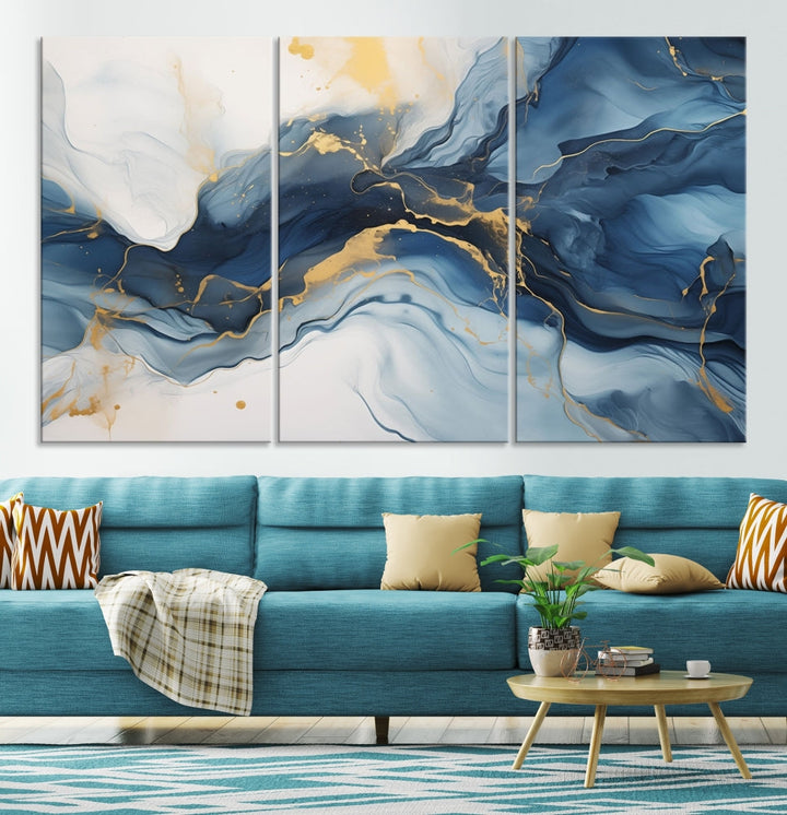 Blue Gold Colors Abstract Wall Art Canvas Print Framed Set of Panel