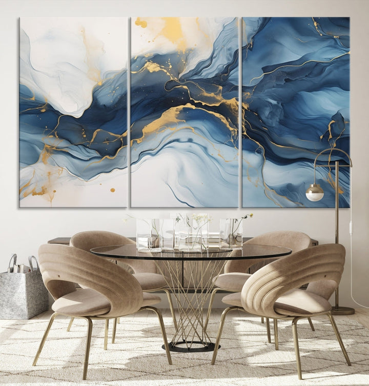 Blue Gold Colors Abstract Wall Art Canvas Print Framed Set of Panel