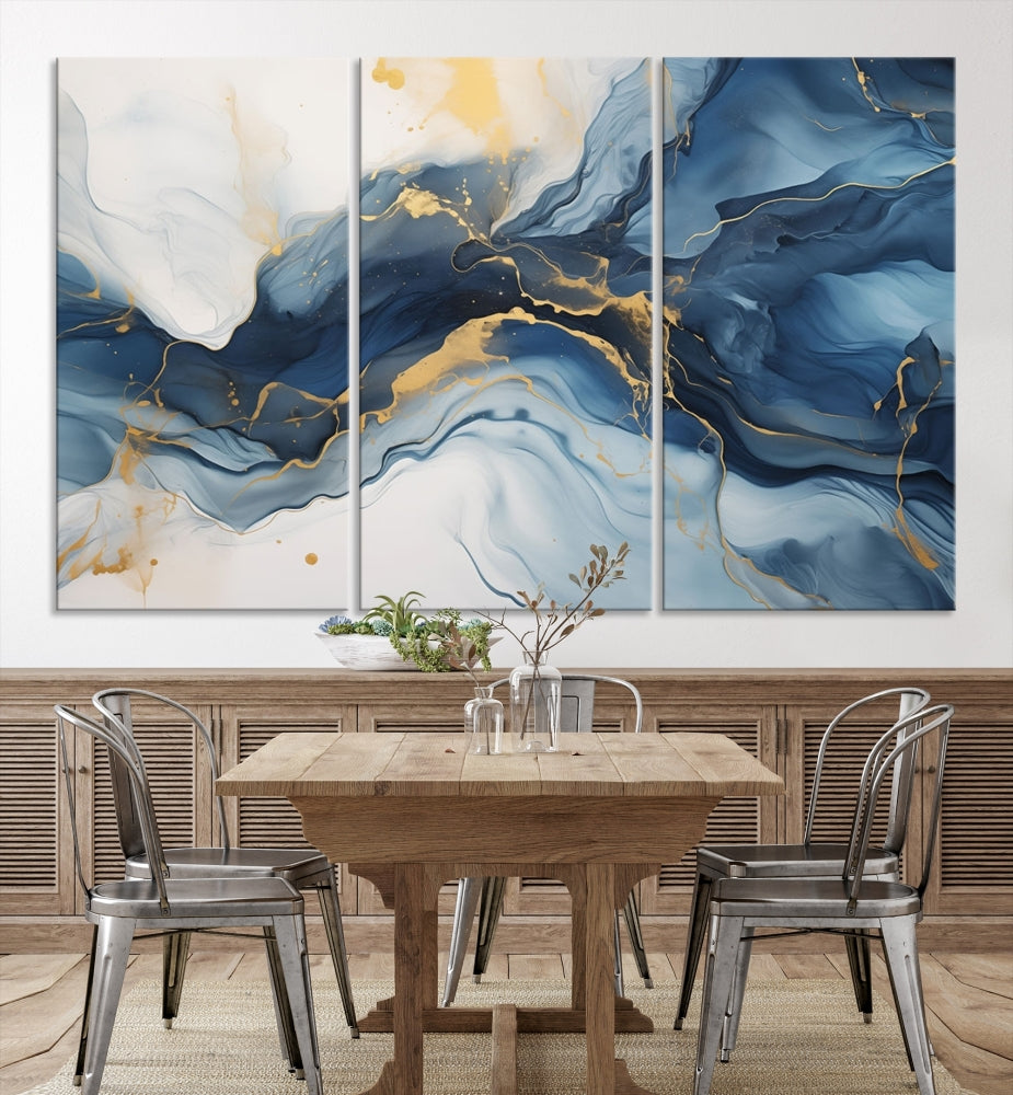 Blue Gold Colors Abstract Wall Art Canvas Print Framed Set of Panel