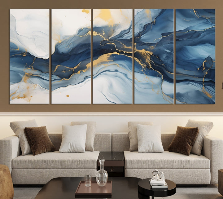 Blue Gold Colors Abstract Wall Art Canvas Print Framed Set of Panel