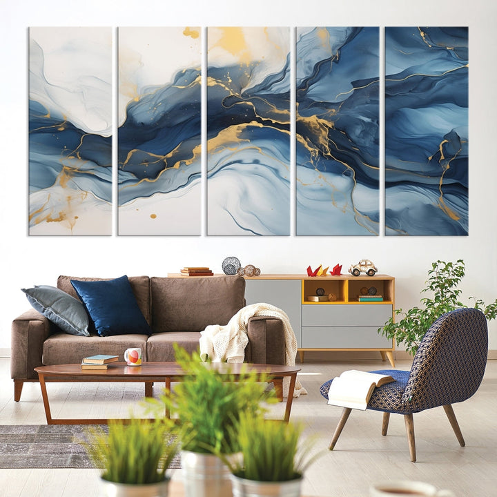 Blue Gold Colors Abstract Wall Art Canvas Print Framed Set of Panel