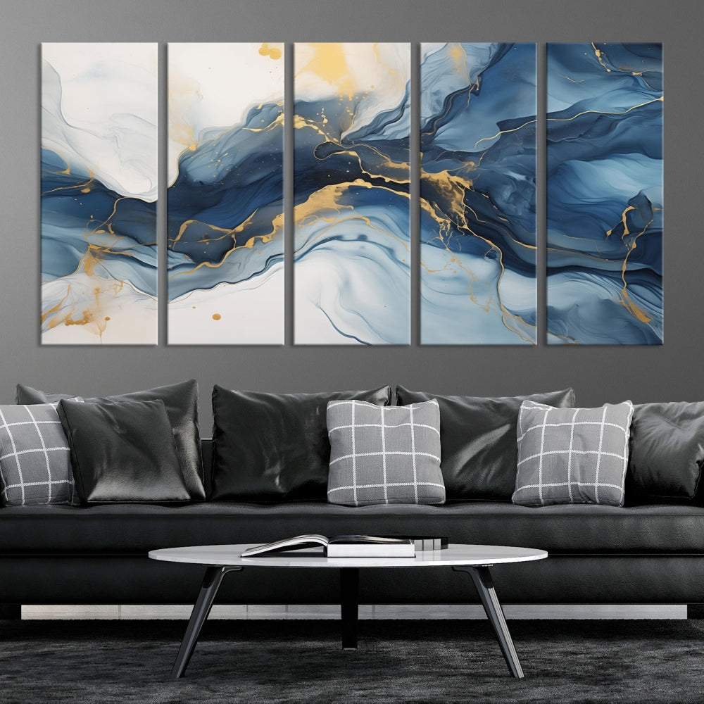 Blue Gold Colors Abstract Wall Art Canvas Print Framed Set of Panel