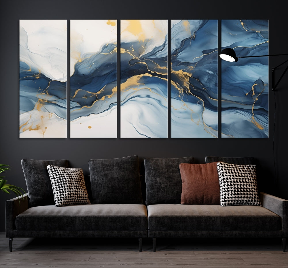 Blue Gold Colors Abstract Wall Art Canvas Print Framed Set of Panel