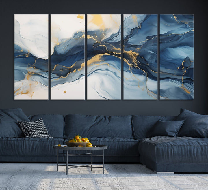 Blue Gold Colors Abstract Wall Art Canvas Print Framed Set of Panel