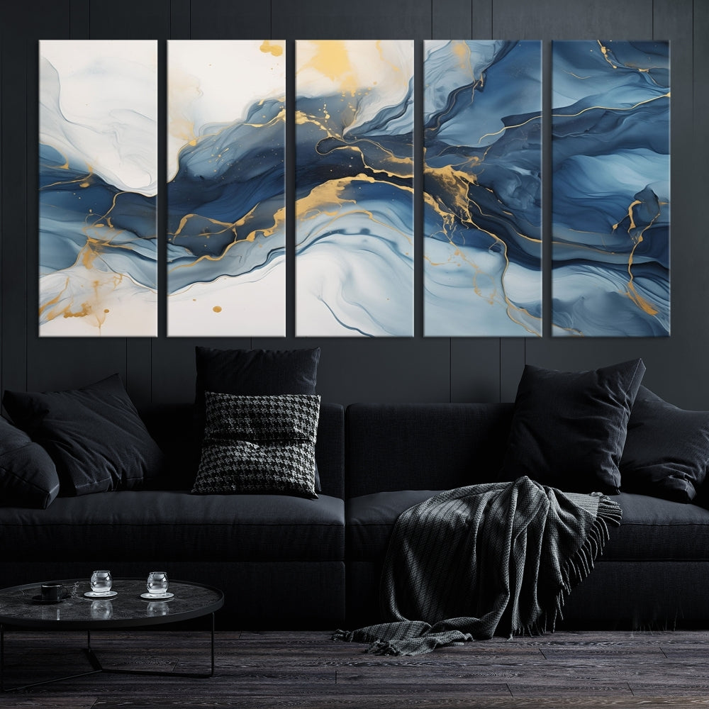 Blue Gold Colors Abstract Wall Art Canvas Print Framed Set of Panel