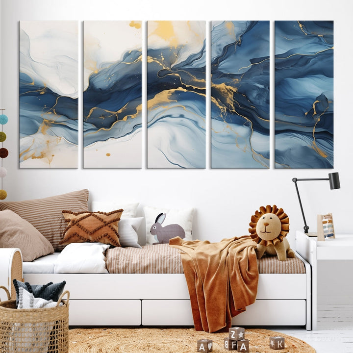 Blue Gold Colors Abstract Wall Art Canvas Print Framed Set of Panel