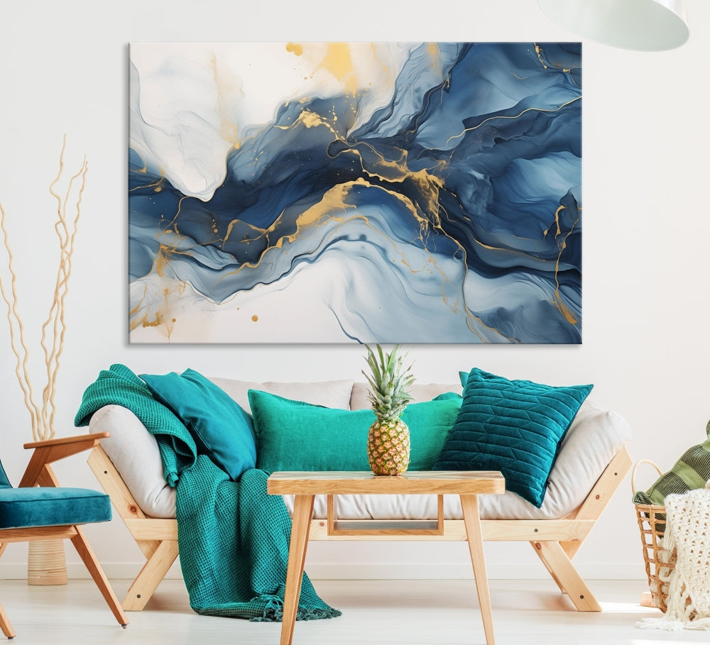 Blue Gold Colors Abstract Wall Art Canvas Print Framed Set of Panel