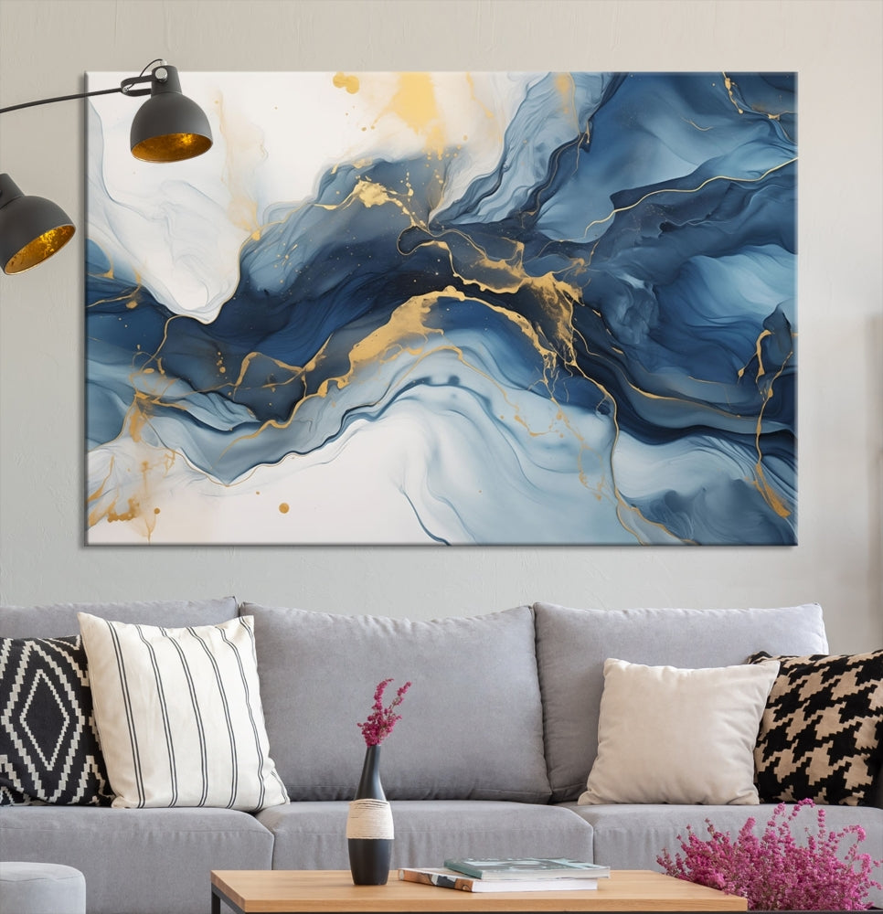 Blue Gold Colors Abstract Wall Art Canvas Print Framed Set of Panel