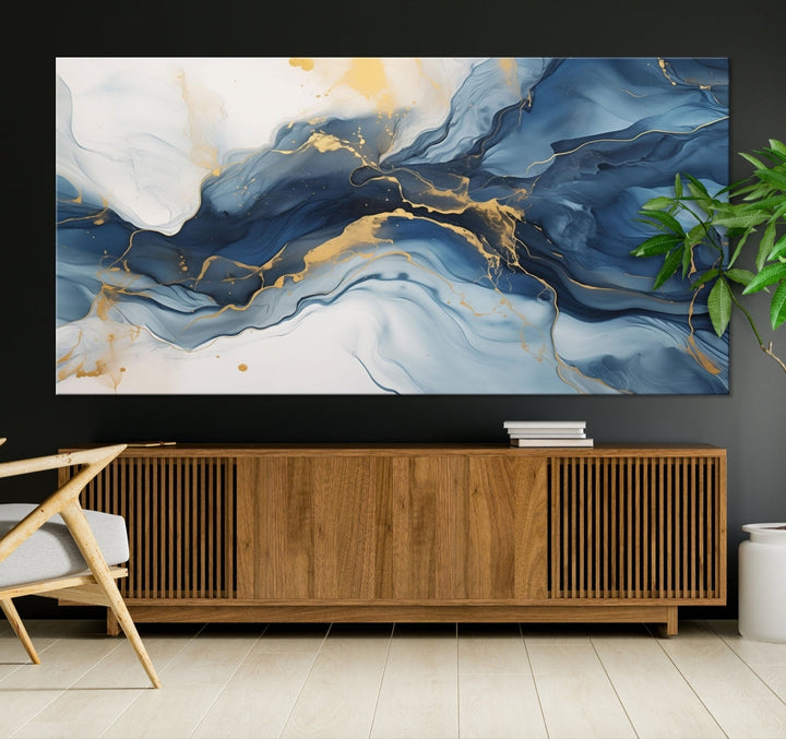 Blue Gold Colors Abstract Wall Art Canvas Print Framed Set of Panel