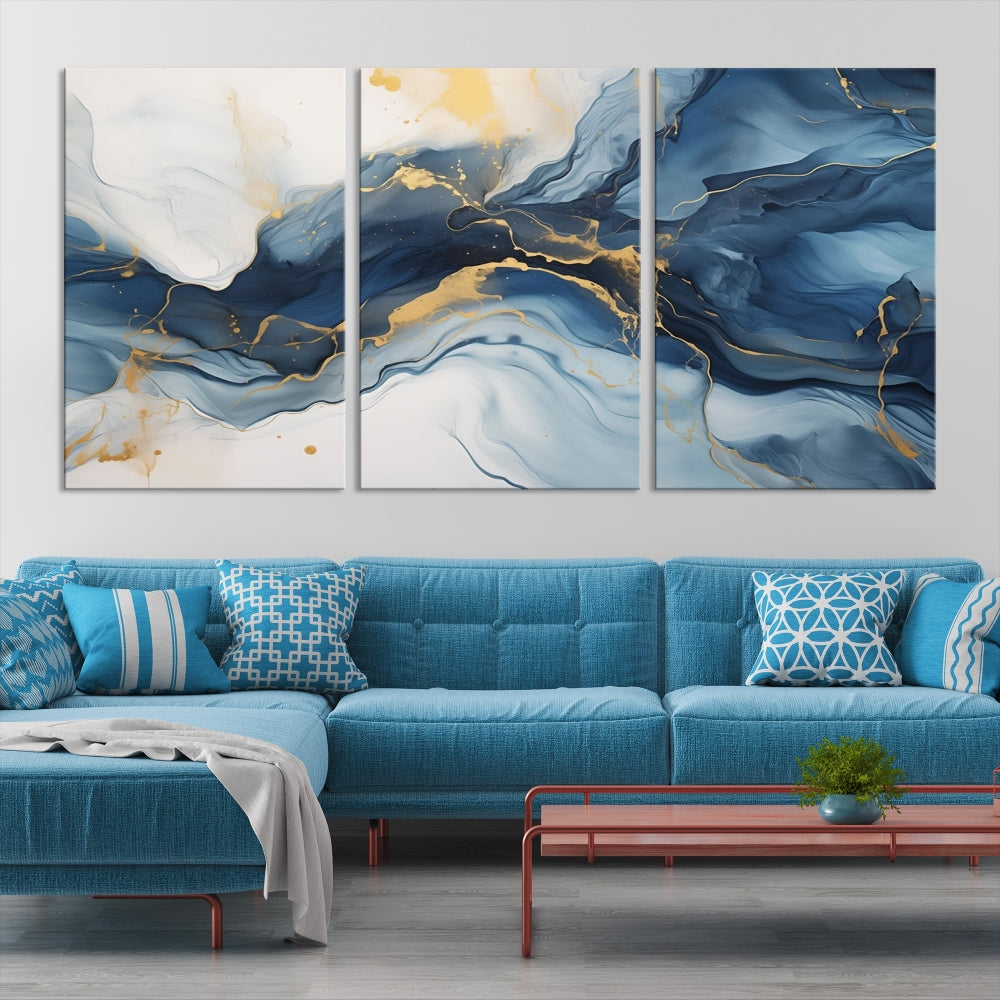 Blue Gold Colors Abstract Wall Art Canvas Print Framed Set of Panel