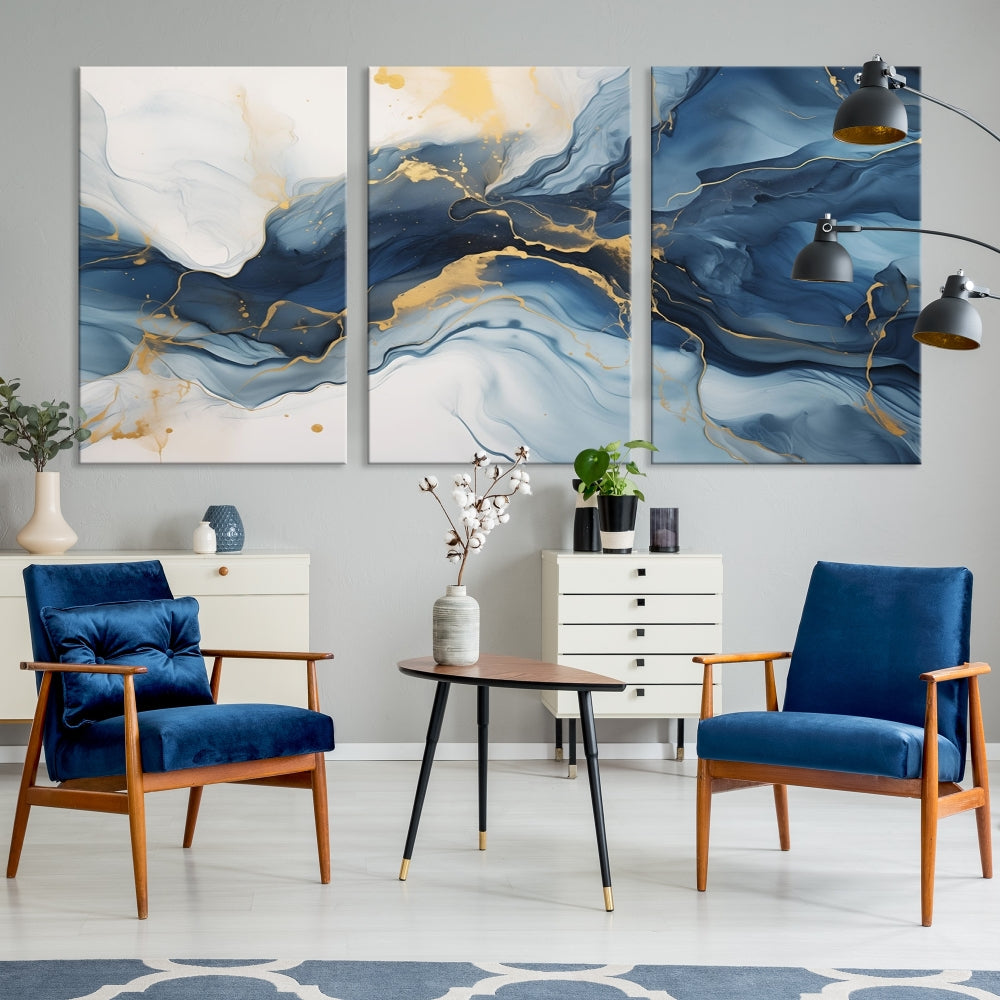 Blue Gold Colors Abstract Wall Art Canvas Print Framed Set of Panel