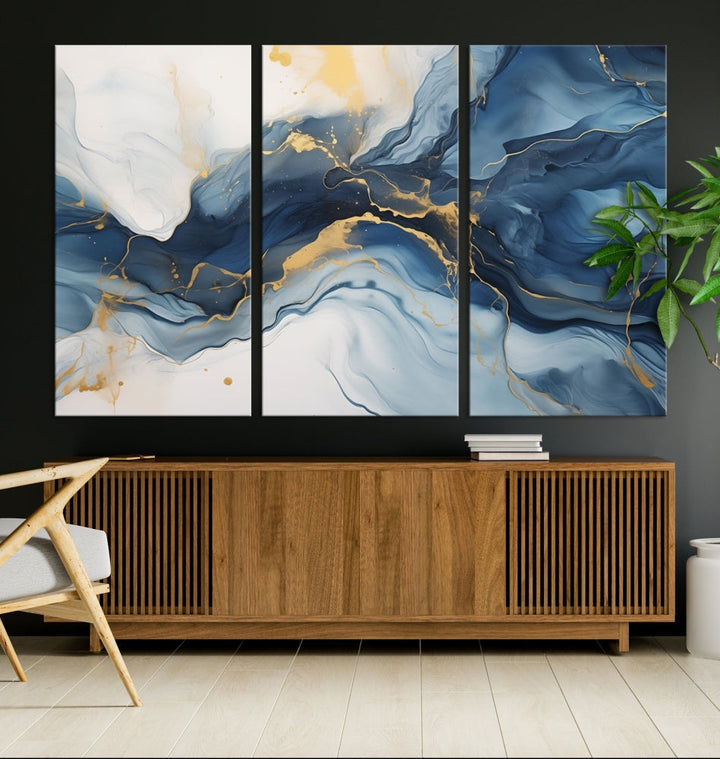 Blue Gold Colors Abstract Wall Art Canvas Print Framed Set of Panel