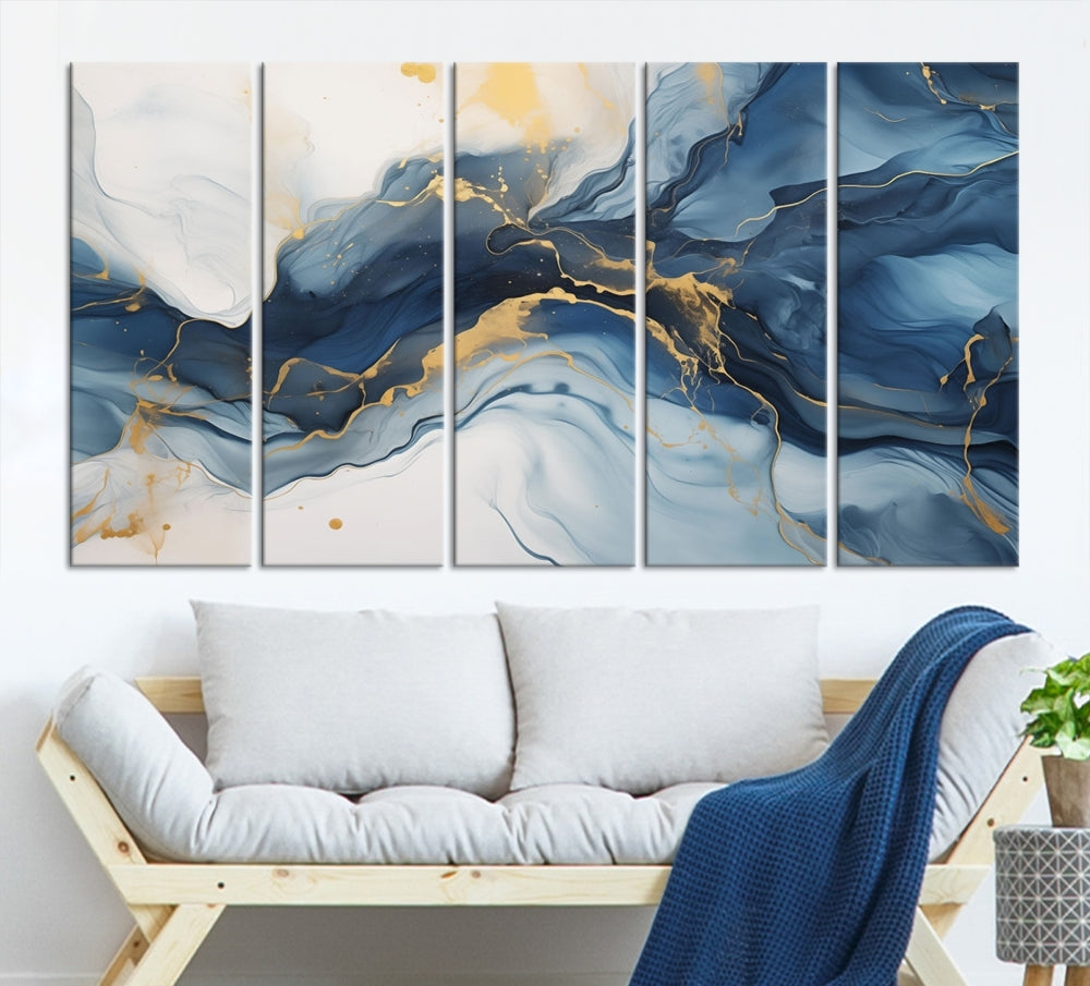 Blue Gold Colors Abstract Wall Art Canvas Print Framed Set of Panel