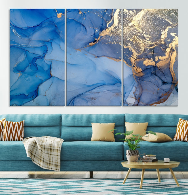 Blue Gold Fluid Effect Marble Wall Art Modern Abstract Canvas Print