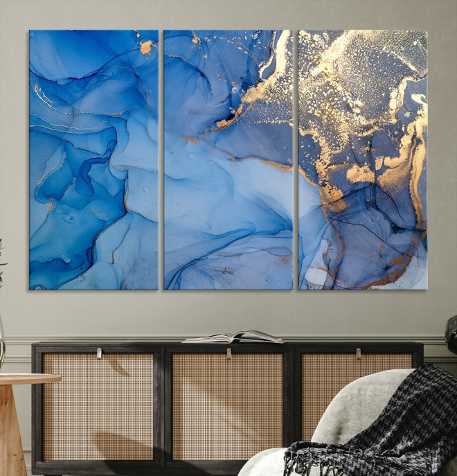 Blue Gold Fluid Effect Marble Wall Art Modern Abstract Canvas Print