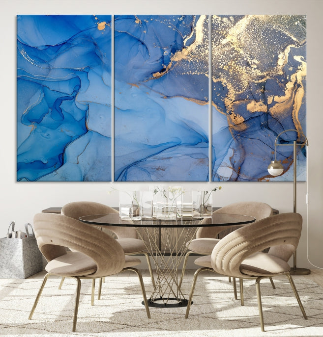 Blue Gold Fluid Effect Marble Wall Art Modern Abstract Canvas Print