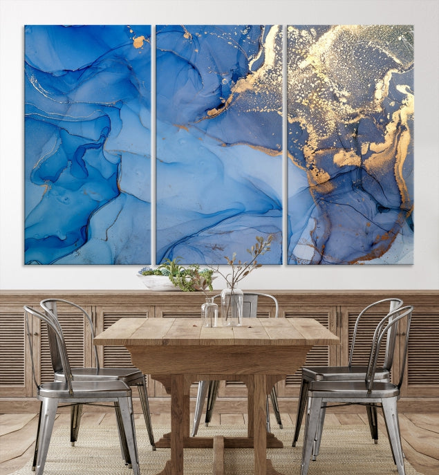 Blue Gold Fluid Effect Marble Wall Art Modern Abstract Canvas Print