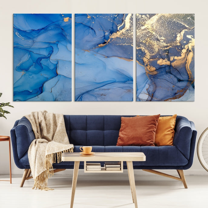 Blue Gold Fluid Effect Marble Wall Art Modern Abstract Canvas Print