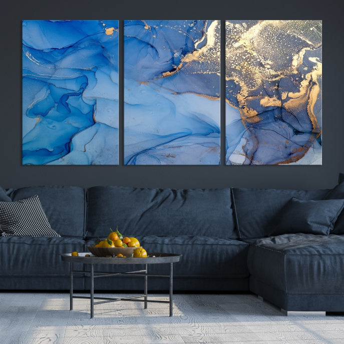 Blue Gold Fluid Effect Marble Wall Art Modern Abstract Canvas Print